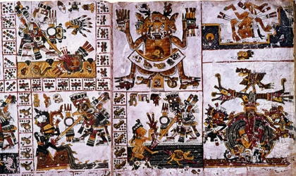 (detalle) de una copia facsímil de una página del Códice Borgia mostrando los ataques de Tlauizcalpantecuhtli, el dios Venus